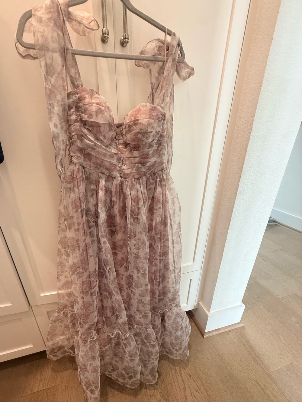 Floral Sheer Ruffled Midi Dress in Dusty Rose